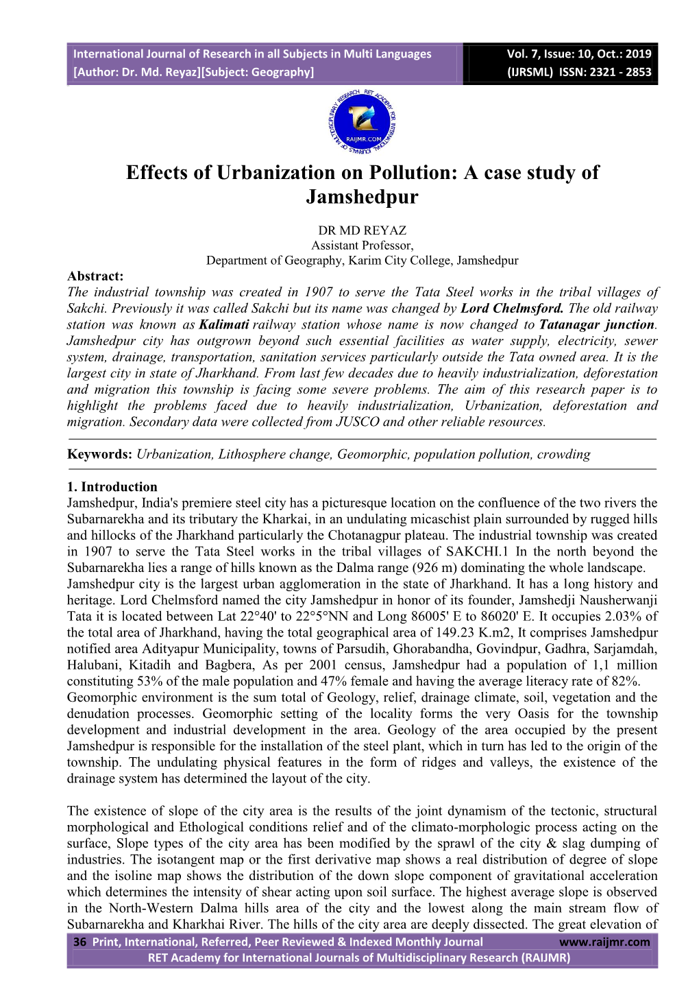Effects of Urbanization on Pollution: a Case Study of Jamshedpur