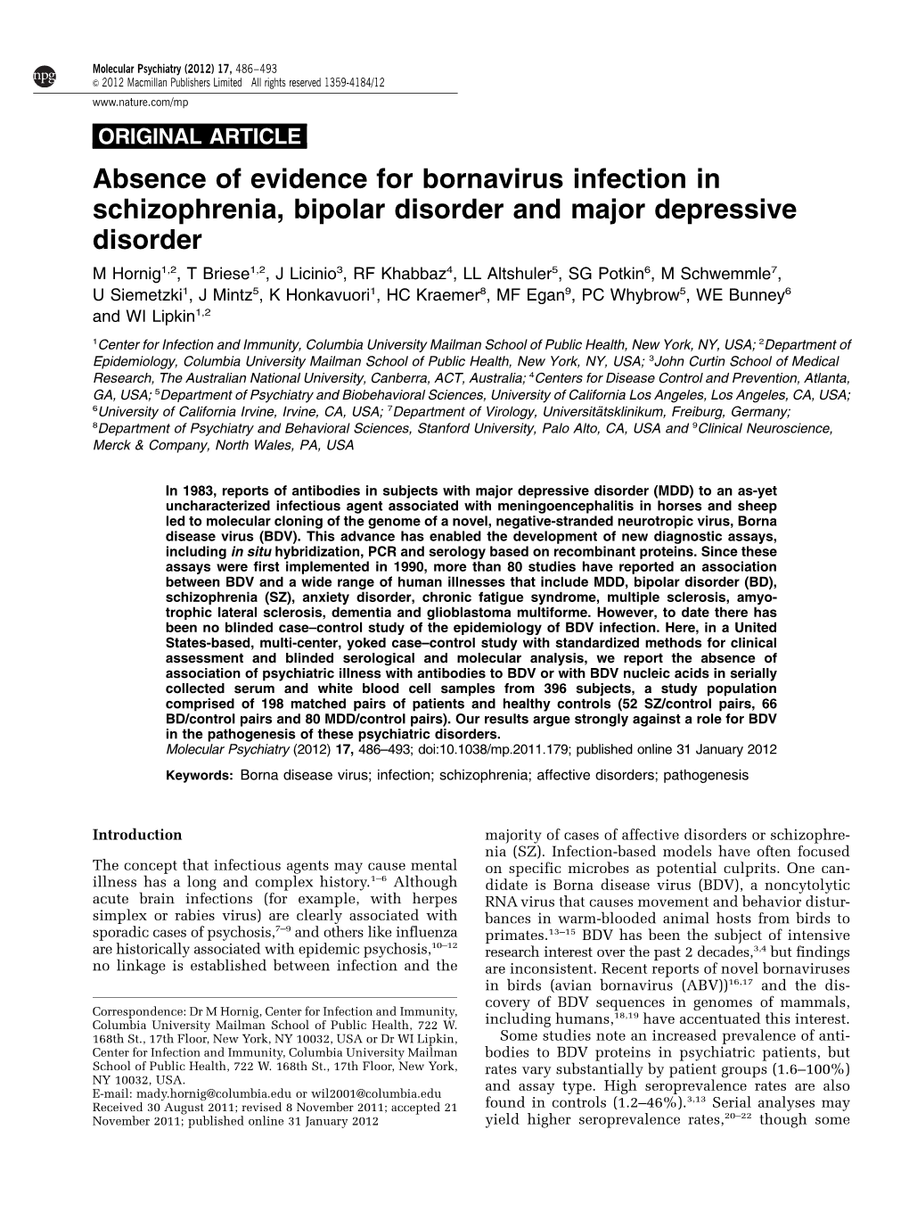 Absence of Evidence for Bornavirus Infection in Schizophrenia, Bipolar