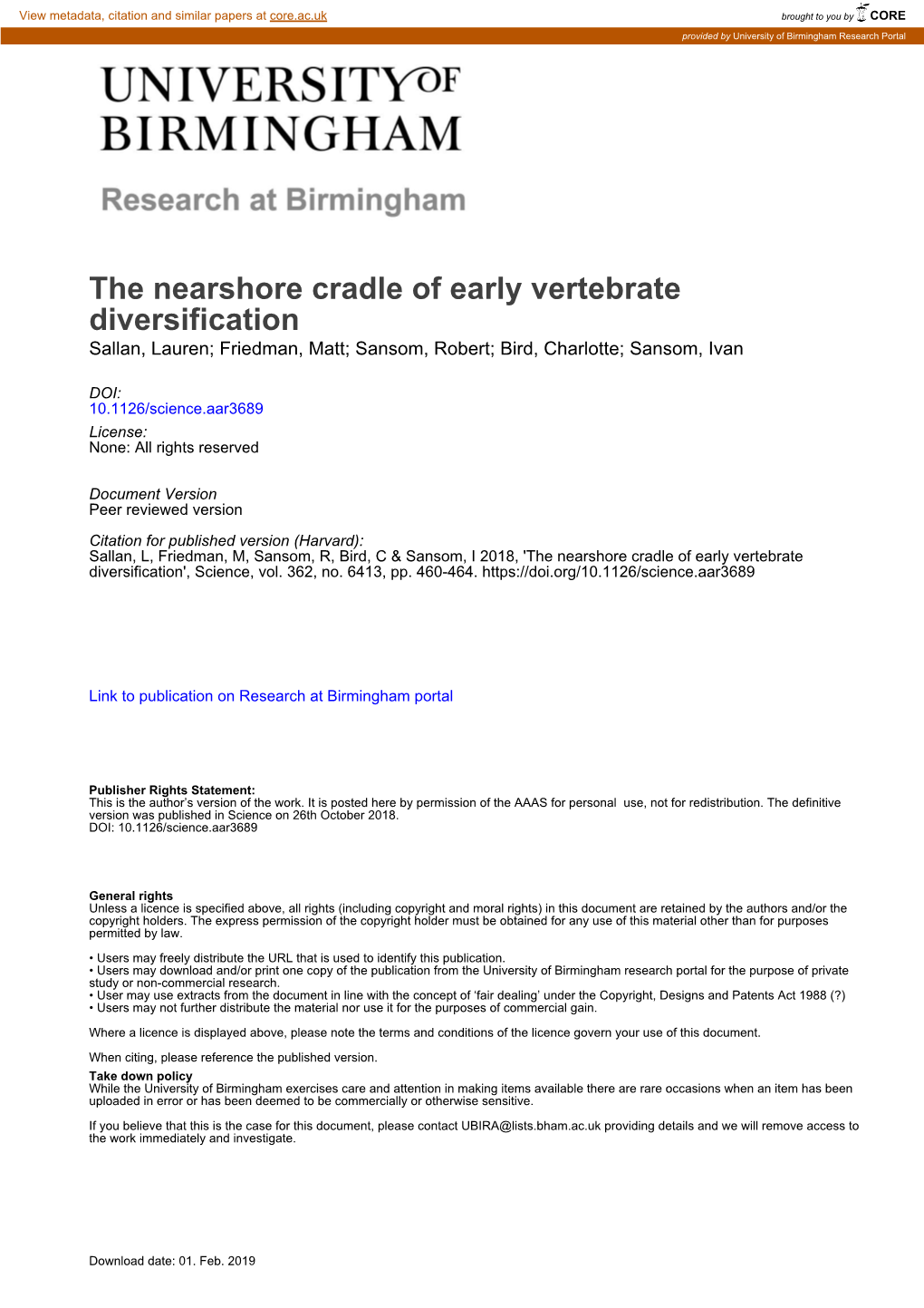 The Nearshore Cradle of Early Vertebrate Diversification Sallan, Lauren; Friedman, Matt; Sansom, Robert; Bird, Charlotte; Sansom, Ivan