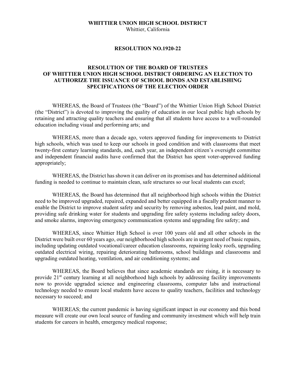 WHITTIER UNION HIGH SCHOOL DISTRICT Whittier, California RESOLUTION NO.1920-22 RESOLUTION of the BOARD of TRUSTEES of WHITTIER U