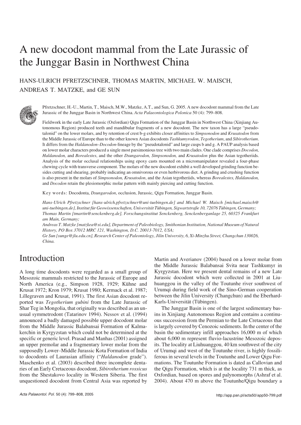 A New Docodont Mammal from the Late Jurassic of the Junggar Basin in Northwest China