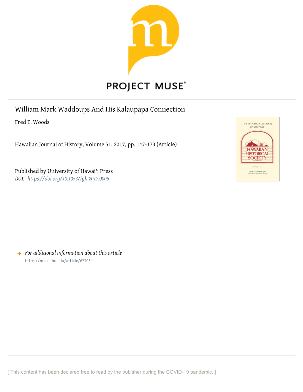 William Mark Waddoups and His Kalaupapa Connection Fred E