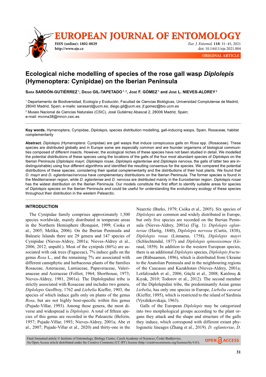 Ecological Niche Modelling of Species of the Rose Gall Wasp Diplolepis (Hymenoptera: Cynipidae) on the Iberian Peninsula