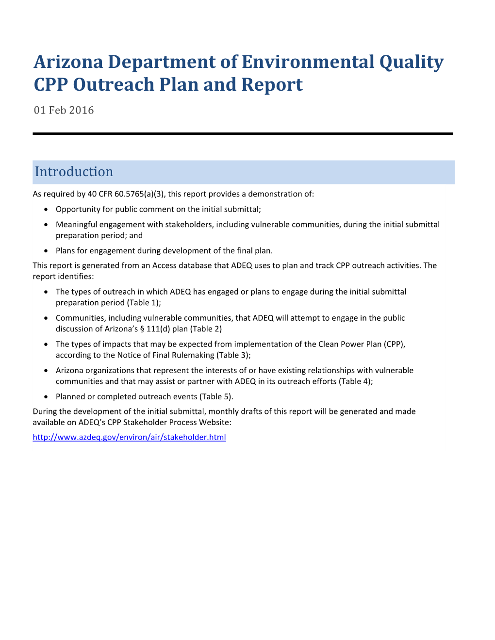 Arizona Department of Environmental Quality CPP Outreach Plan and Report 01 Feb 2016