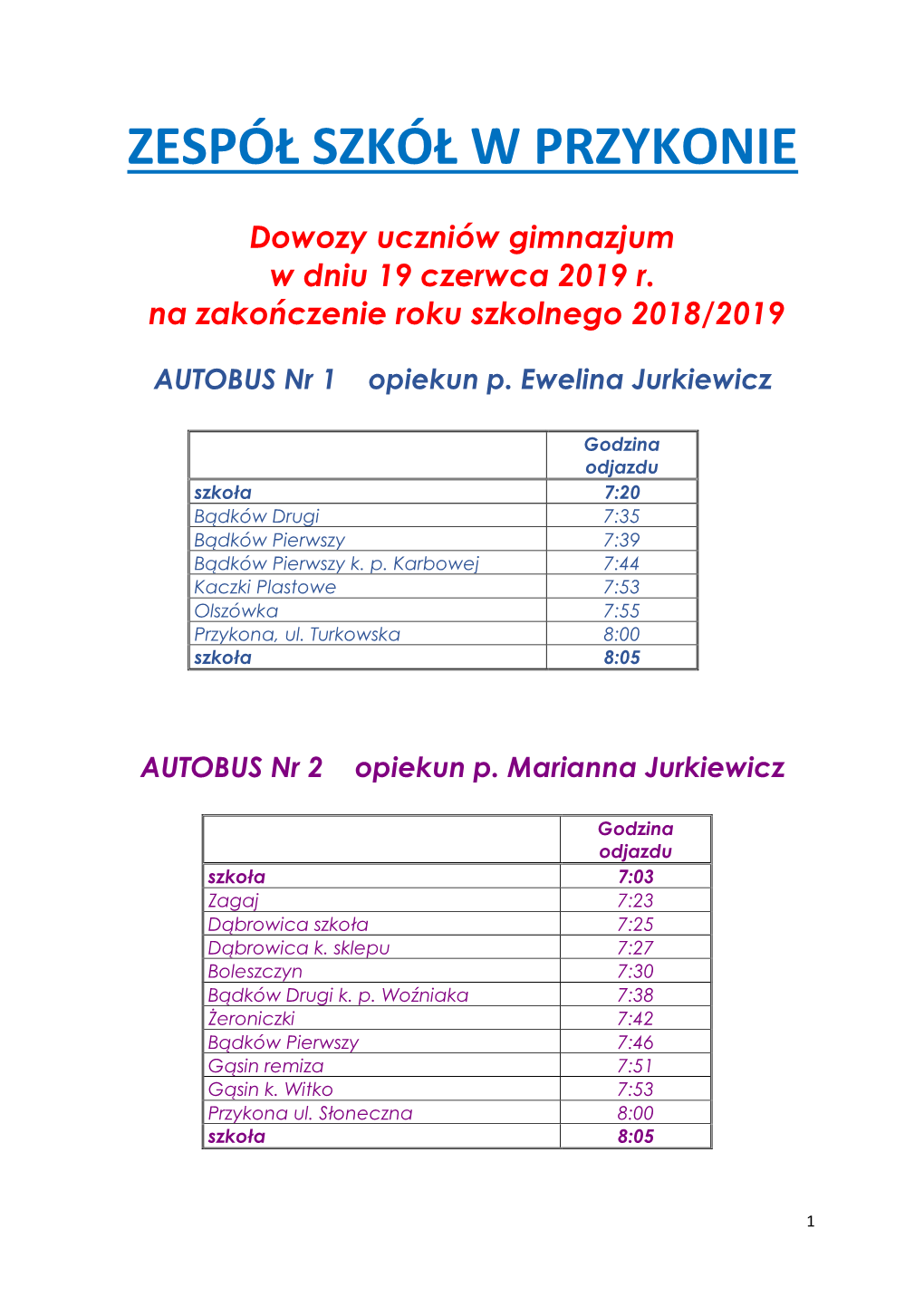 ZESPÓŁ SZKÓŁ W PRZYKONIE Dowozy Uczniów Gimnazjum W Dniu 19 Czerwca 2019 R. Na Zakończenie Roku Szkolnego 2018/2019 AUTOBUS Nr 1 Opiekun P. Ewelina Jurkiewicz