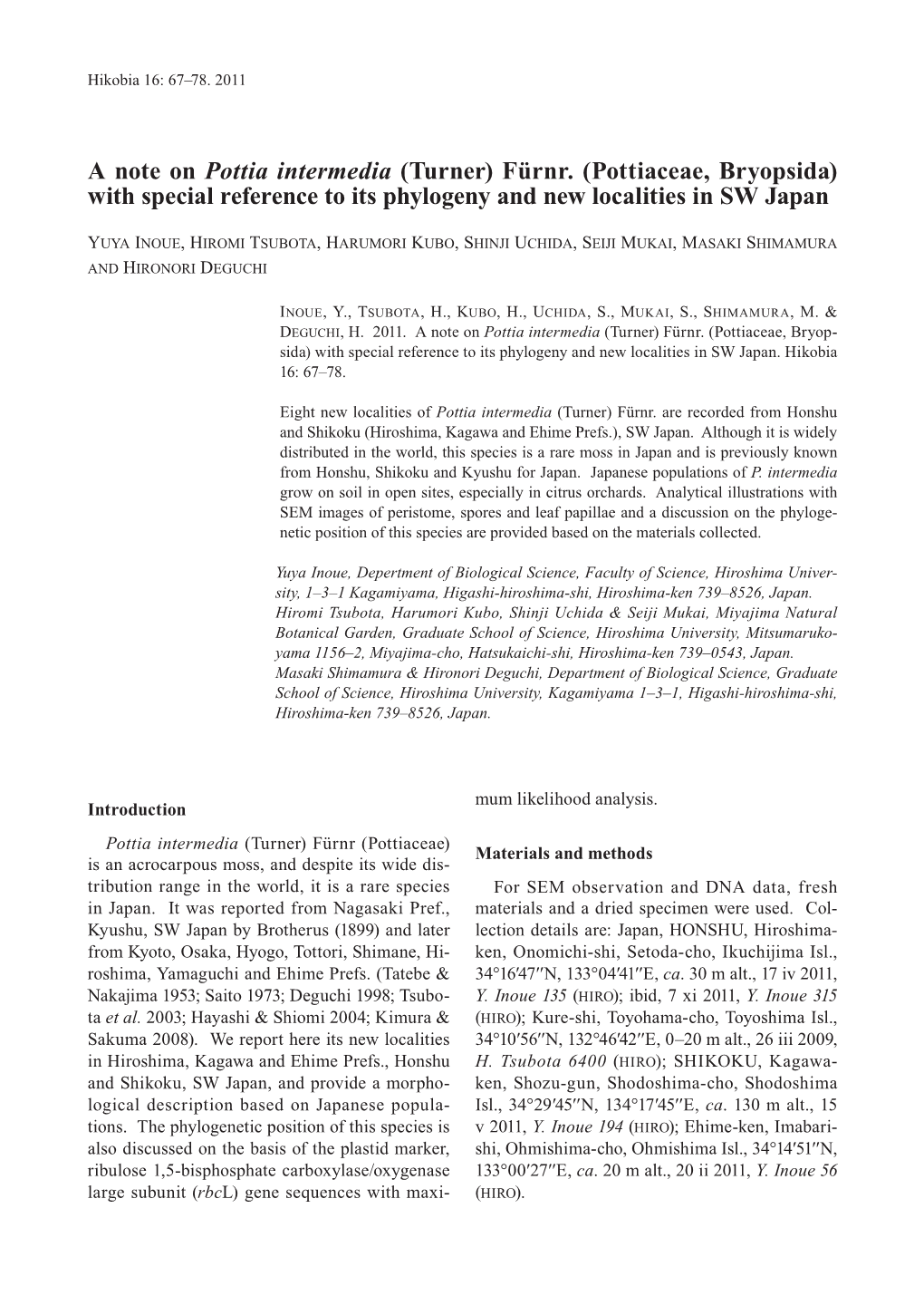 A Note on Pottia Intermedia (Turner) Fürnr. (Pottiaceae, Bryopsida) with Special Reference to Its Phylogeny and New Localities in SW Japan