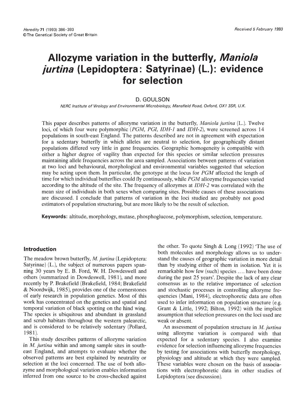 Allozyme Variation in the Butterfly, Maniola for Selection