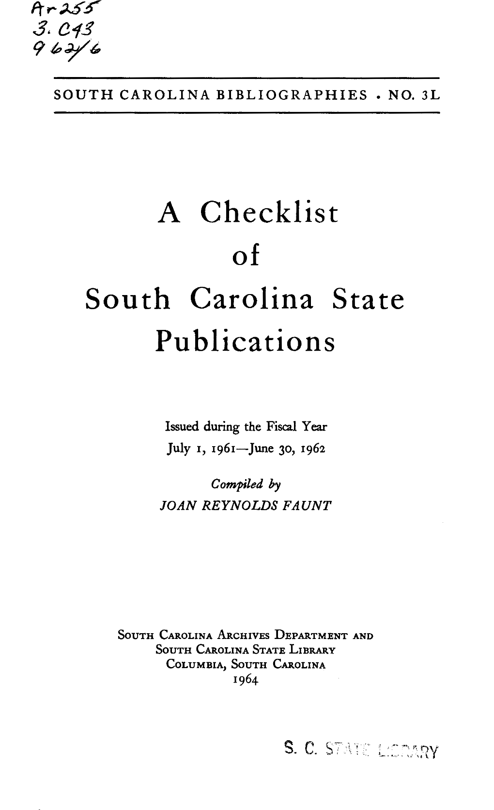 A Checklist of South Carolina State Publications