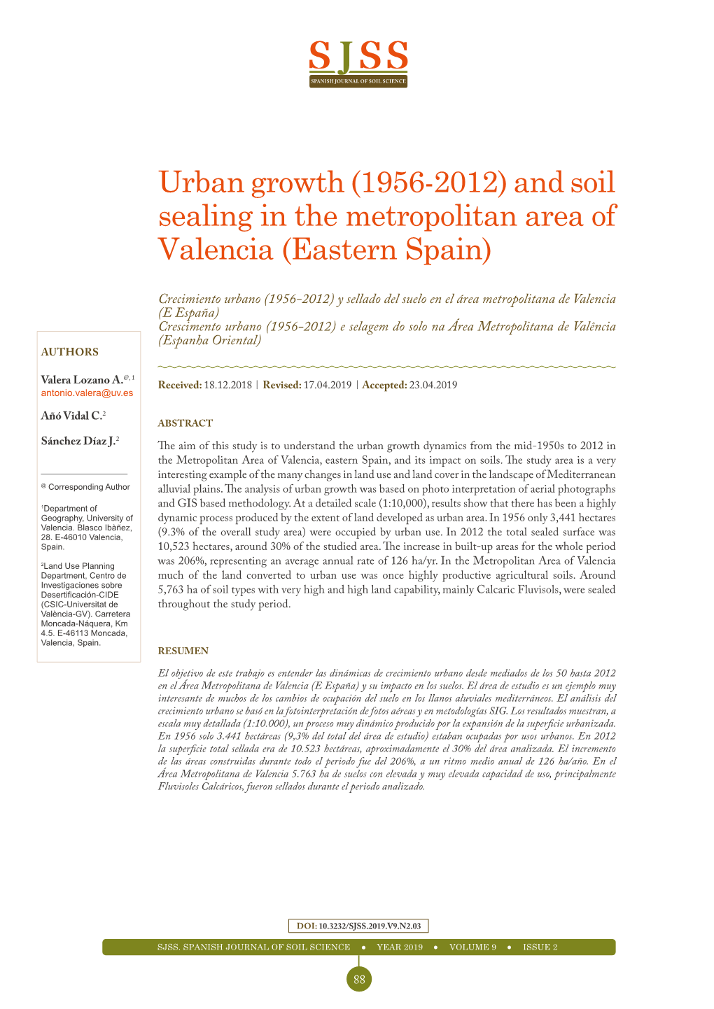 Urban Growth (1956-2012) and Soil Sealing in the Metropolitan Area of Valencia (Eastern Spain)