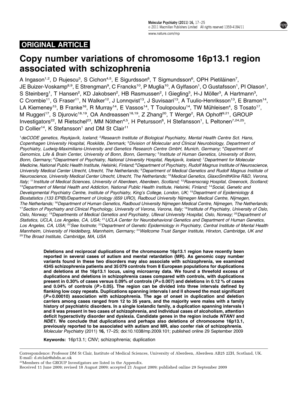 Copy Number Variations of Chromosome 16P13.1 Region