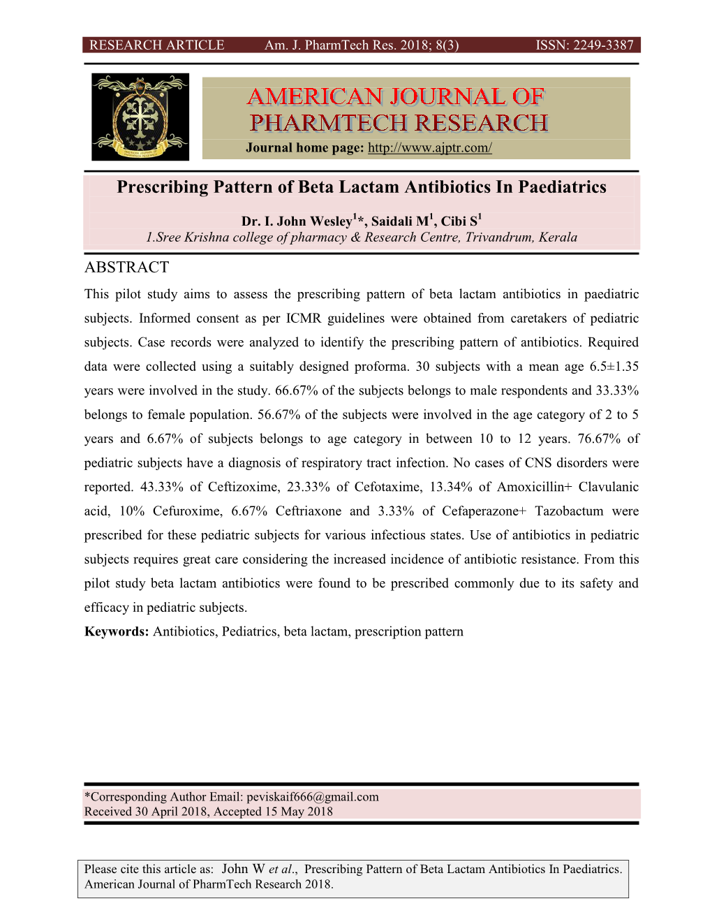 Prescribing Pattern of Beta Lactam Antibiotics in Paediatrics