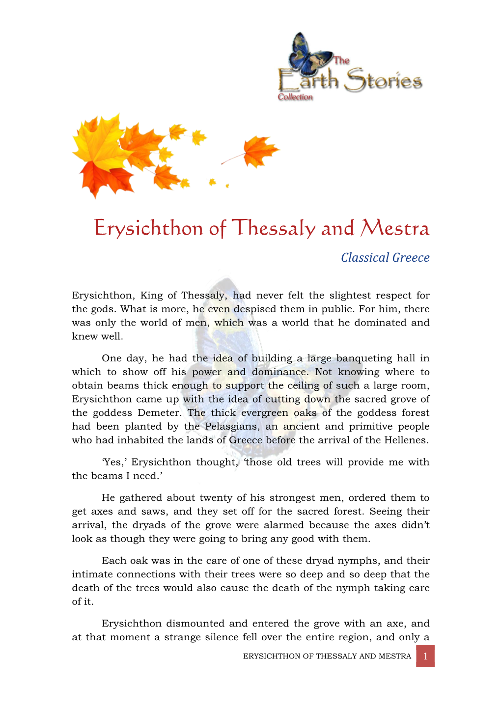 Erysichthon of Thessaly and Mestra Classical Greece