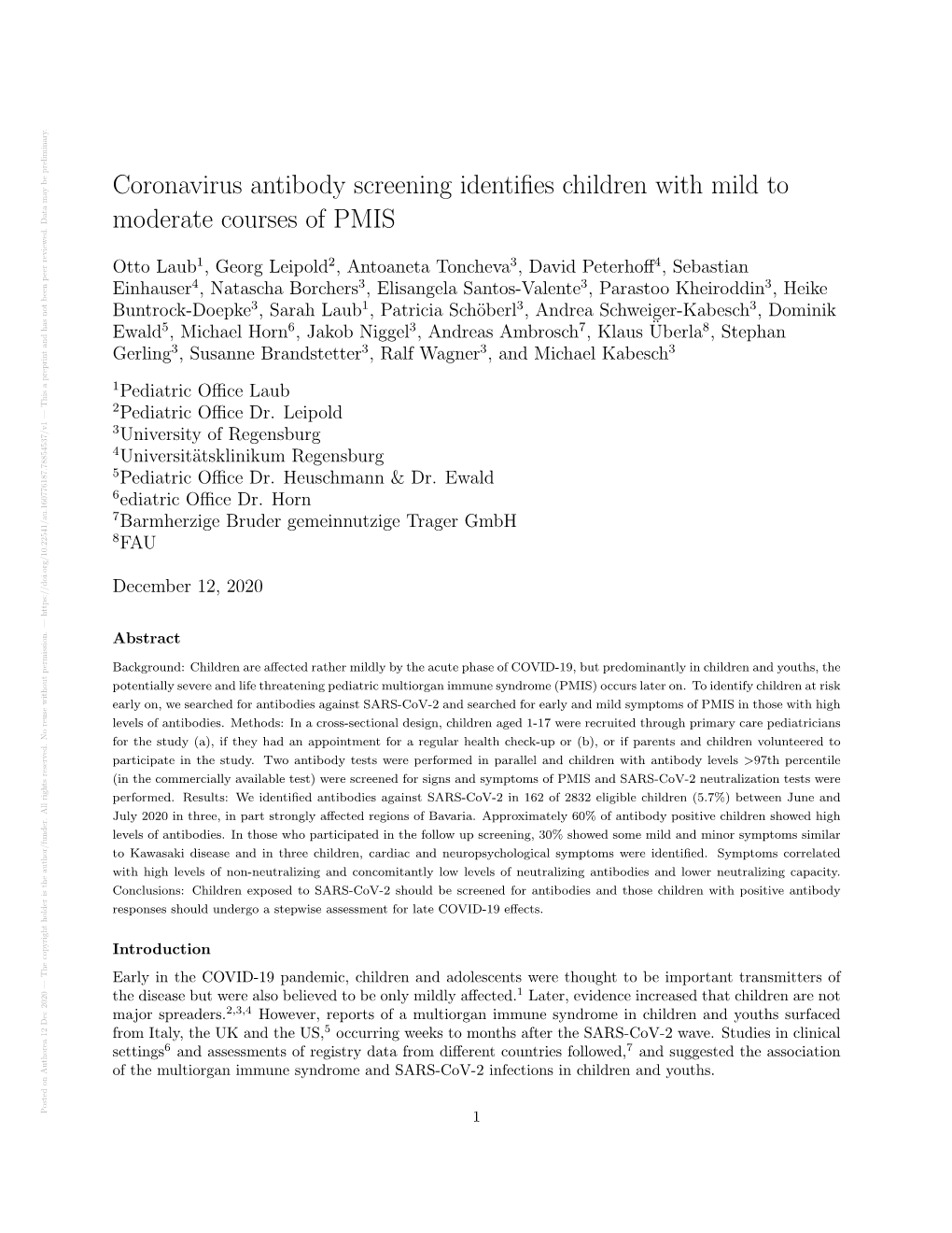 Coronavirus Antibody Screening Identifies Children with Mild To