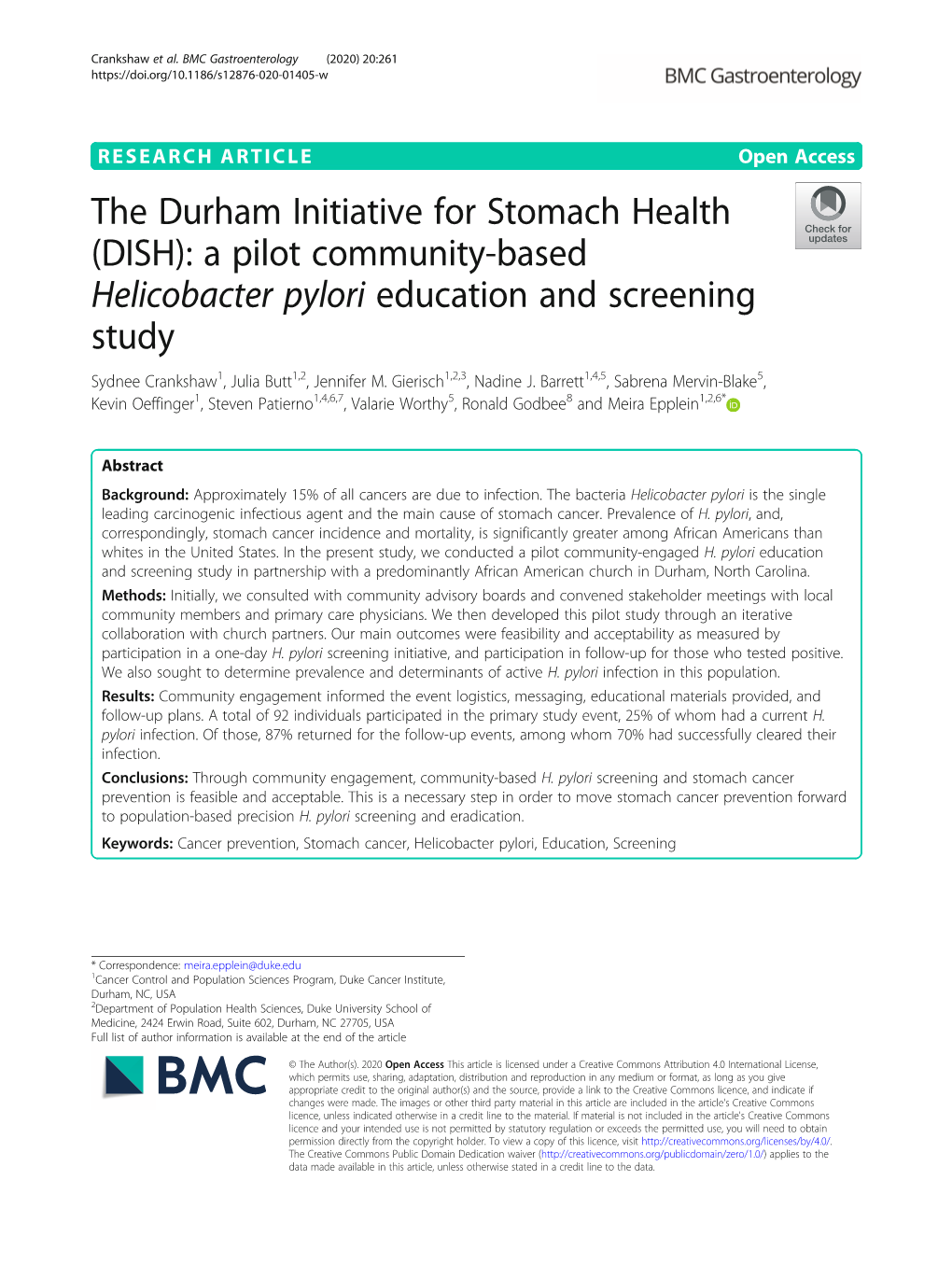 Helicobacter Pylori Education and Screening Study Sydnee Crankshaw1, Julia Butt1,2, Jennifer M