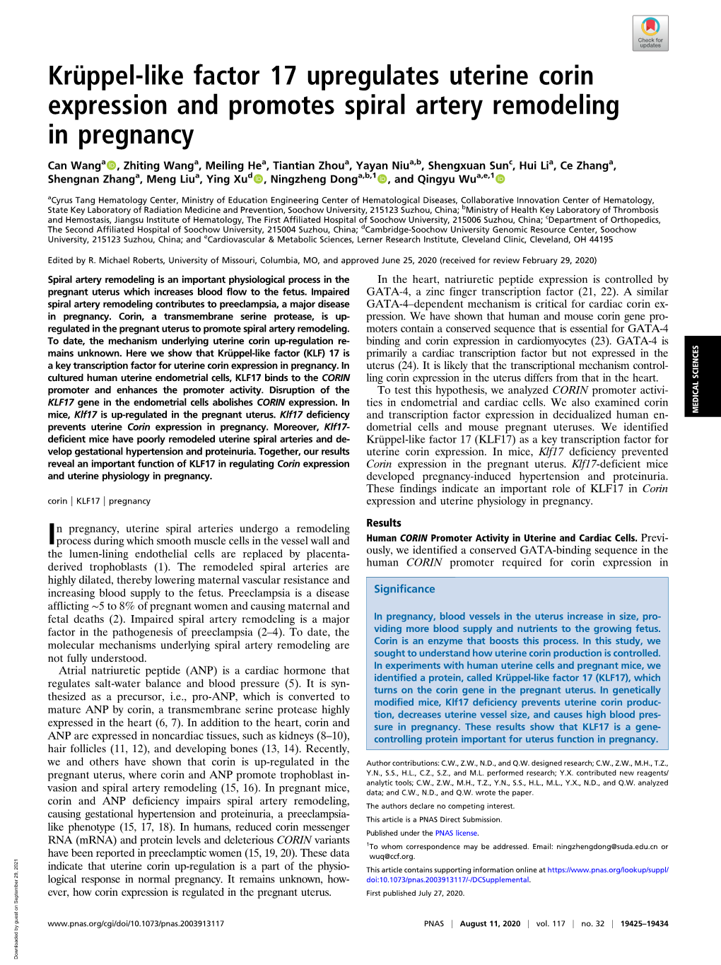Krüppel-Like Factor 17 Upregulates Uterine Corin Expression and Promotes Spiral Artery Remodeling in Pregnancy