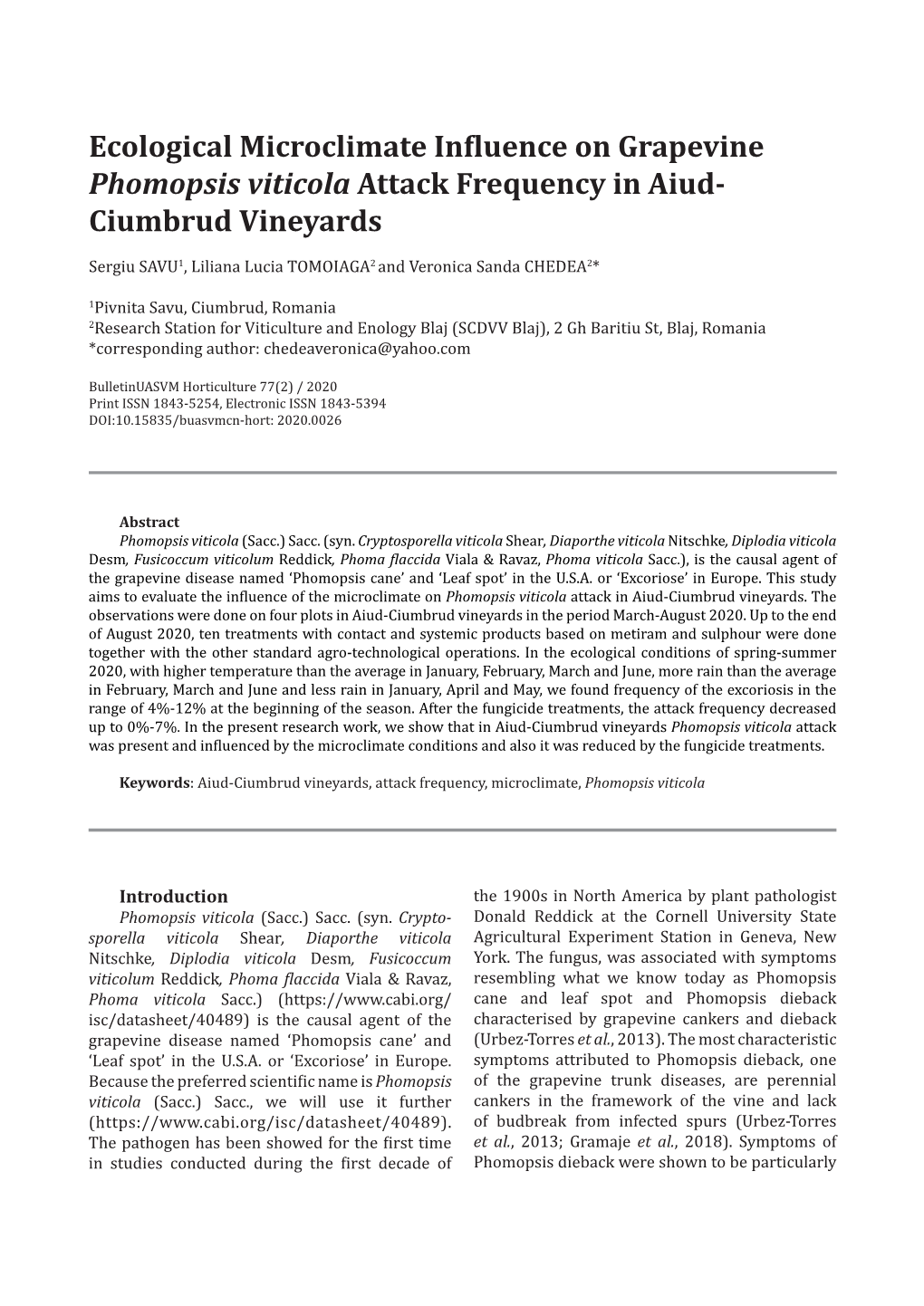 Ecological Microclimate Influence on Grapevine Phomopsis Viticola Attack Frequency in Aiud- Ciumbrud Vineyards
