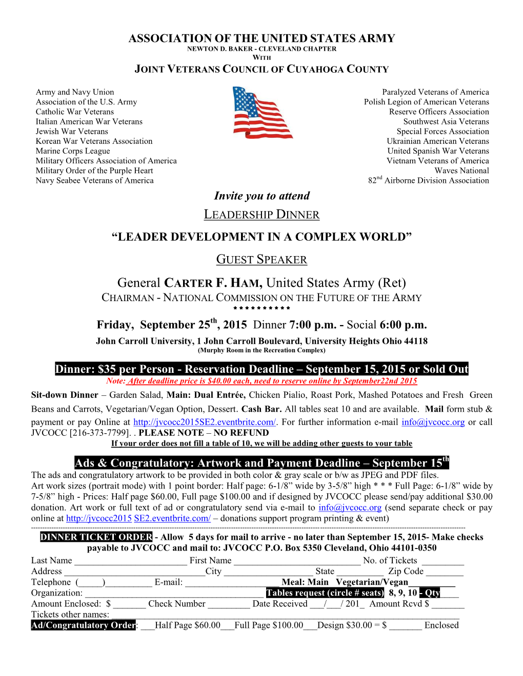 General CARTER F. HAM, United States Army (Ret) CHAIRMAN - NATIONAL COMMISSION on the FUTURE of the ARMY ********** Friday, September 25Th, 2015 Dinner 7:00 P.M