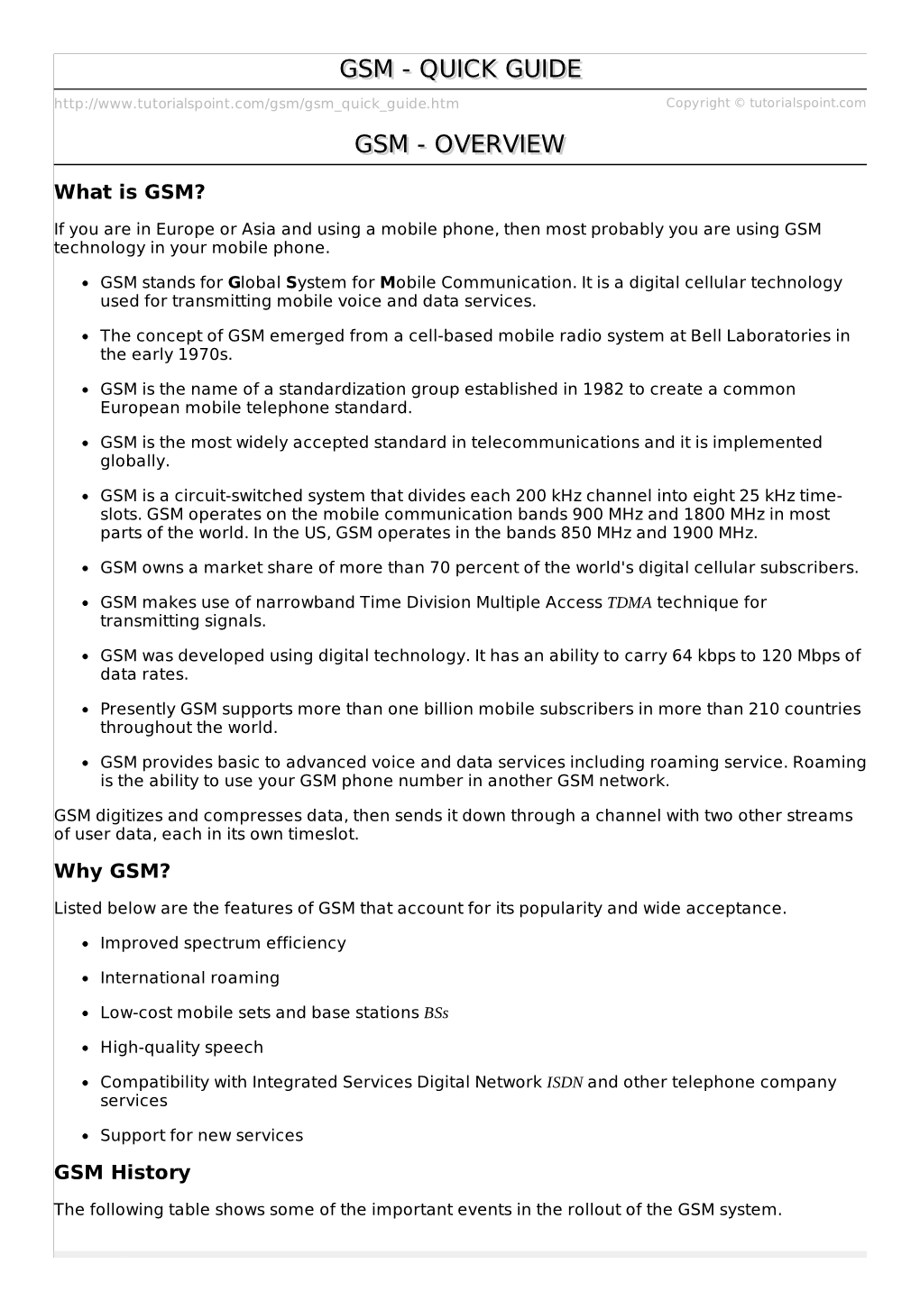 Gsm/Gsm Quick Guide.Htm Copyright © Tutorialspoint.Com