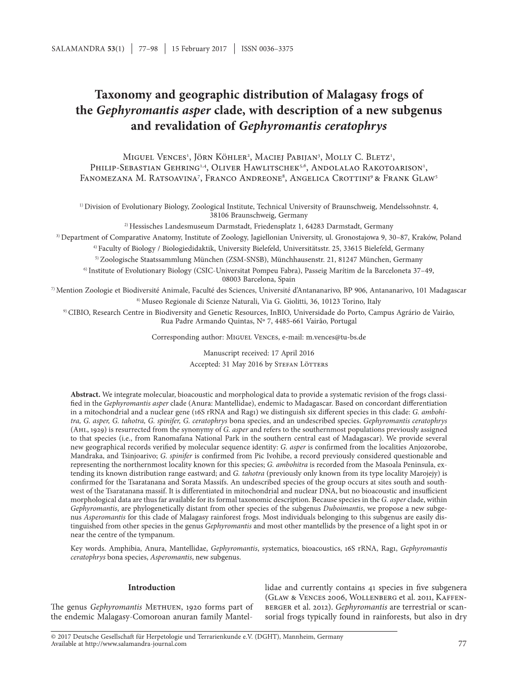 Taxonomy and Geographic Distribution of Malagasy Frogs of the Gephyromantis Asper Clade, with Description of a New Subgenus