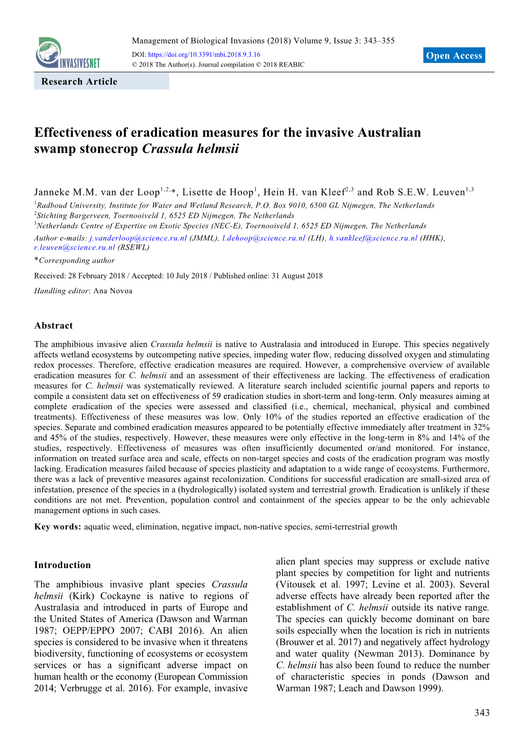 Effectiveness of Eradication Measures for the Invasive Australian Swamp Stonecrop Crassula Helmsii