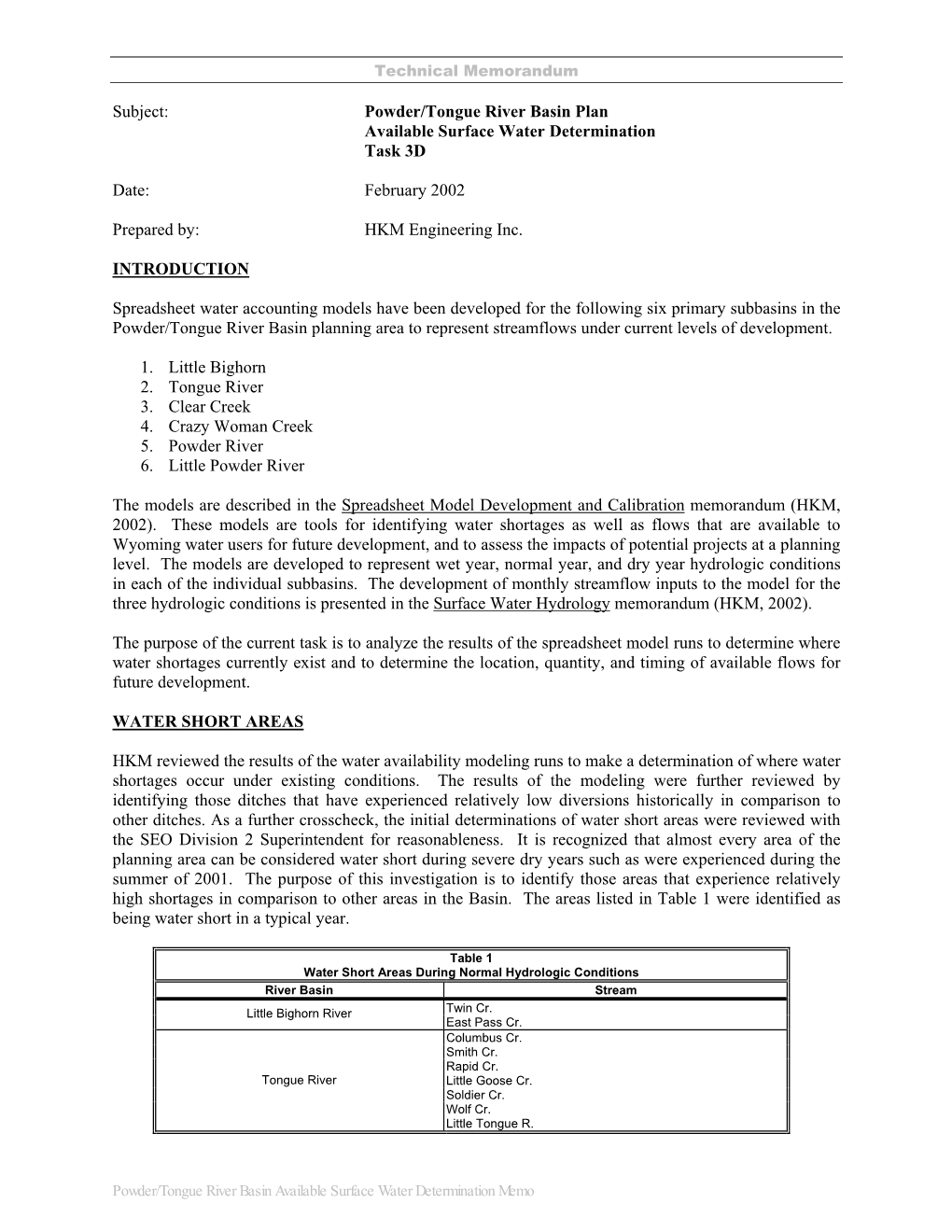 Powder/Tongue River Basin Plan Available Surface Water Determination Task 3D