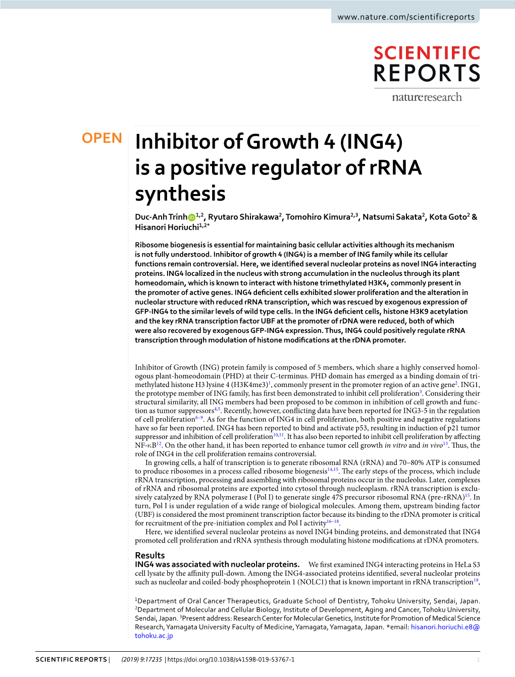 Inhibitor of Growth 4 (ING4) Is a Positive Regulator of Rrna Synthesis