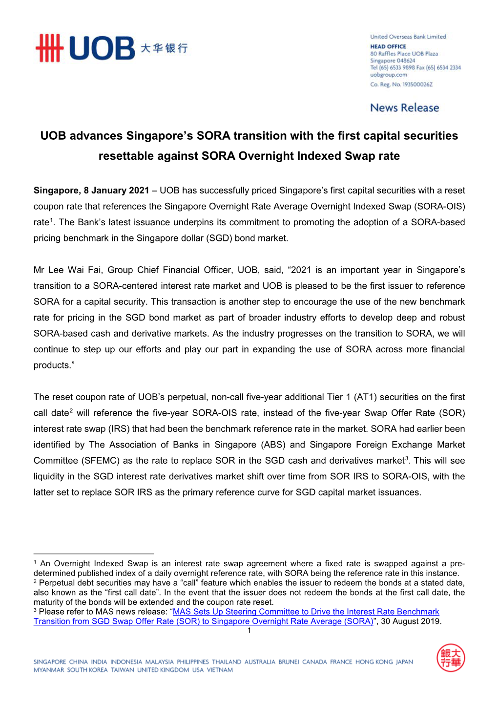 UOB Advances Singapore's SORA Transition with the First Capital
