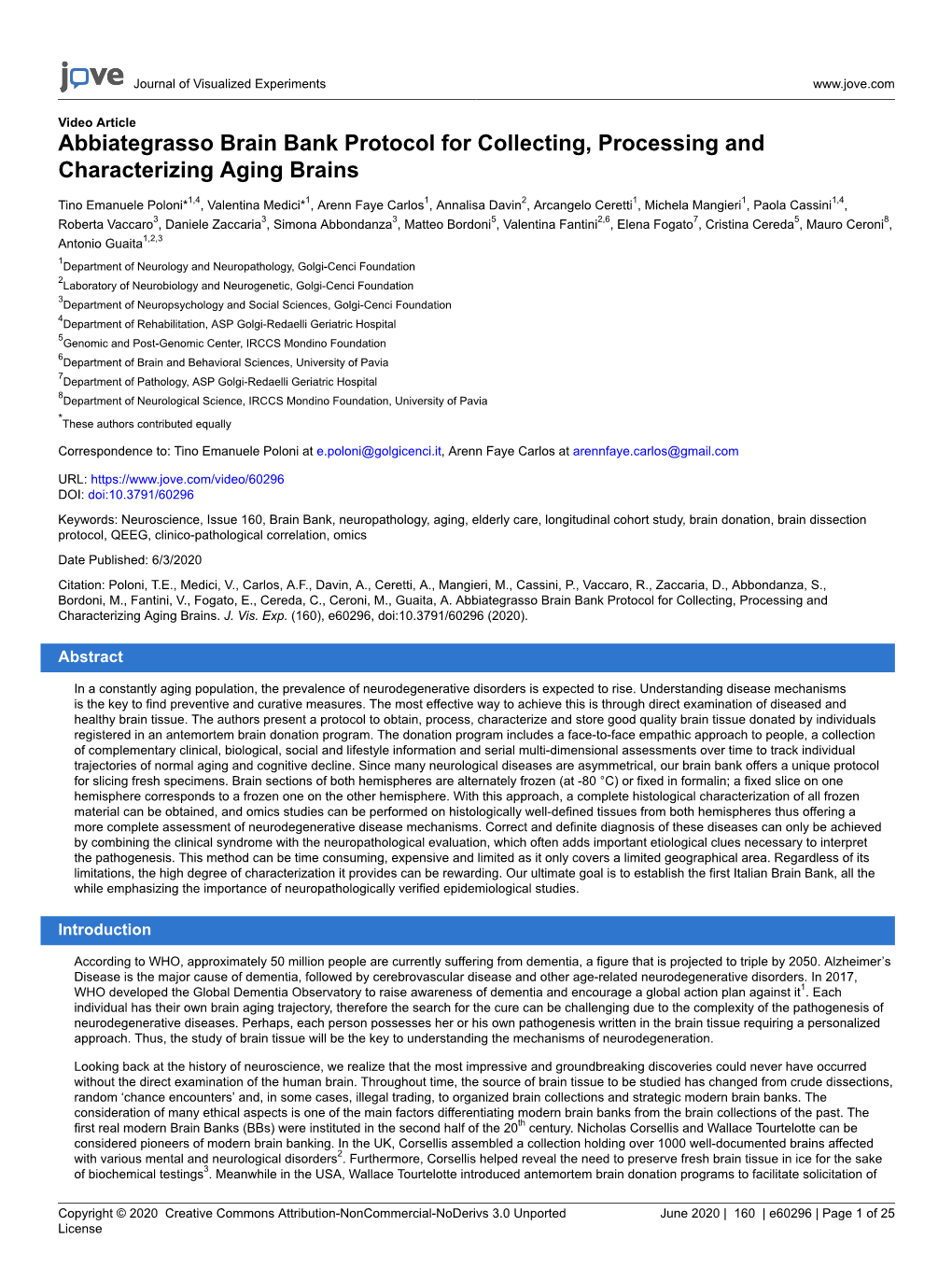 Abbiategrasso Brain Bank Protocol for Collecting, Processing and Characterizing Aging Brains