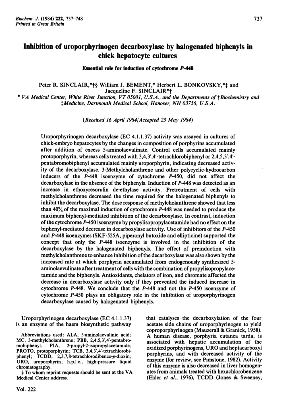 Inhibition of Uroporphyrinogen Decarboxylase by Halogenated Biphenyls in Chick Hepatocyte Cultures. Essential Role for Induction of Cytochrome P-448