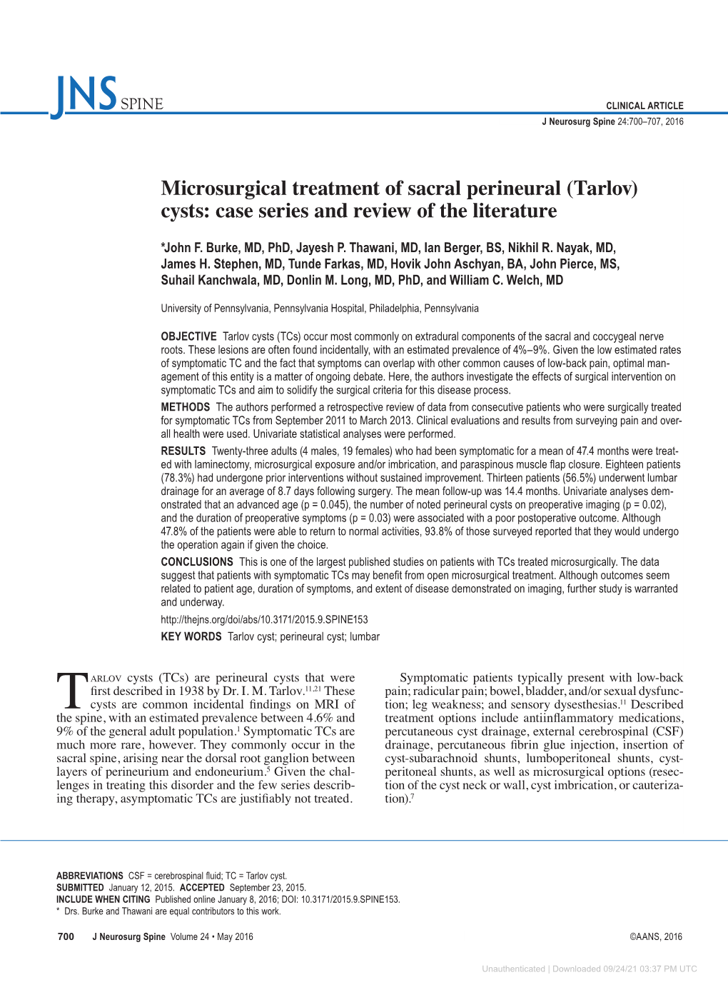 Microsurgical Treatment of Sacral Perineural (Tarlov) Cysts: Case Series and Review of the Literature
