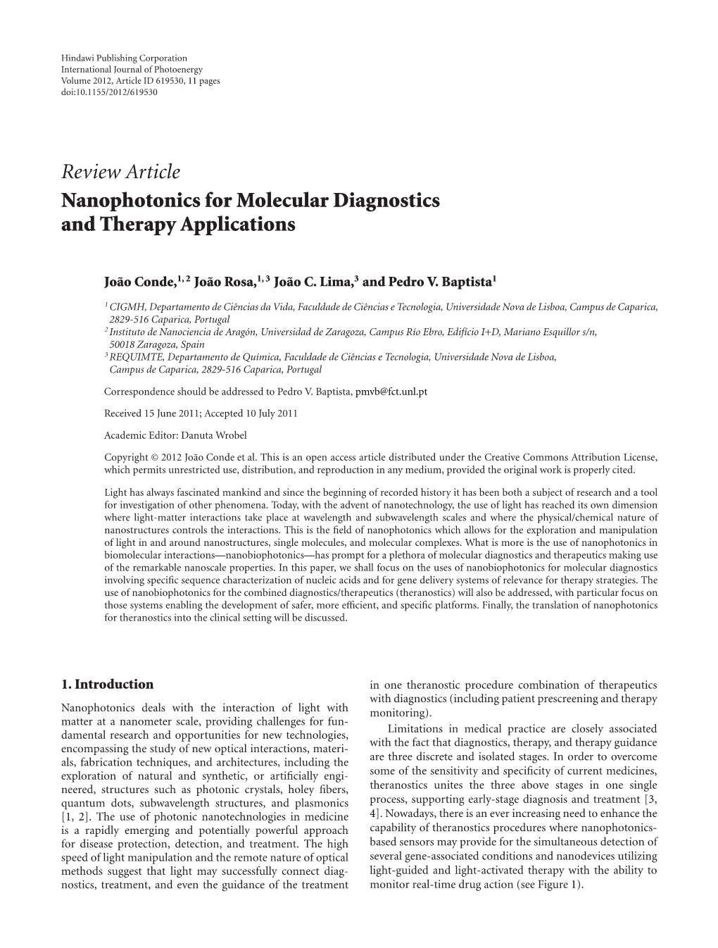 Review Article Nanophotonics for Molecular Diagnostics and Therapy Applications