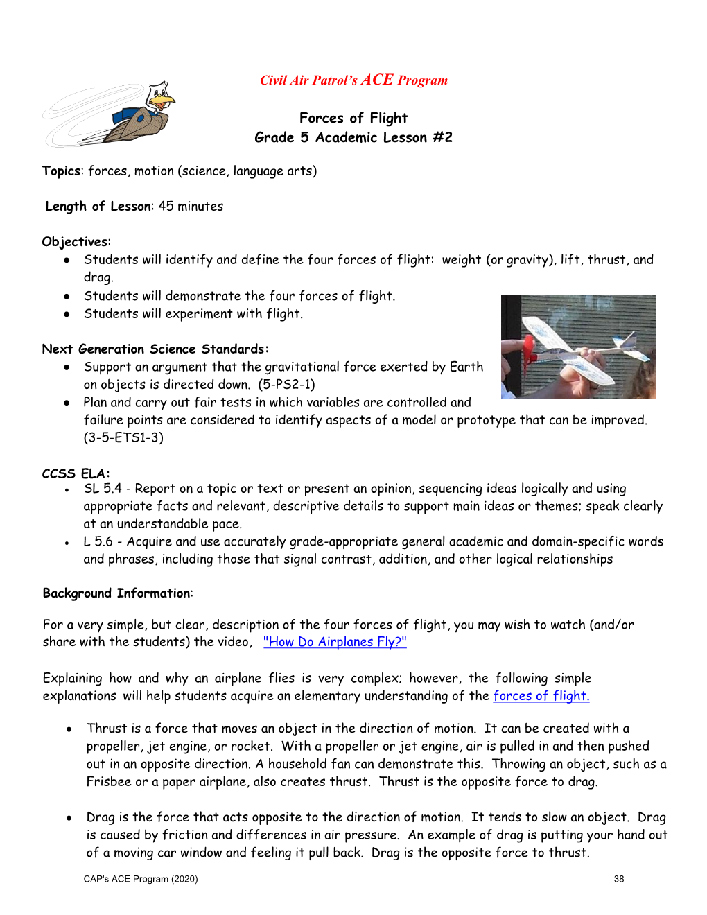 Civil Air Patrol's ACE Program Forces of Flight Grade 5 Academic Lesson