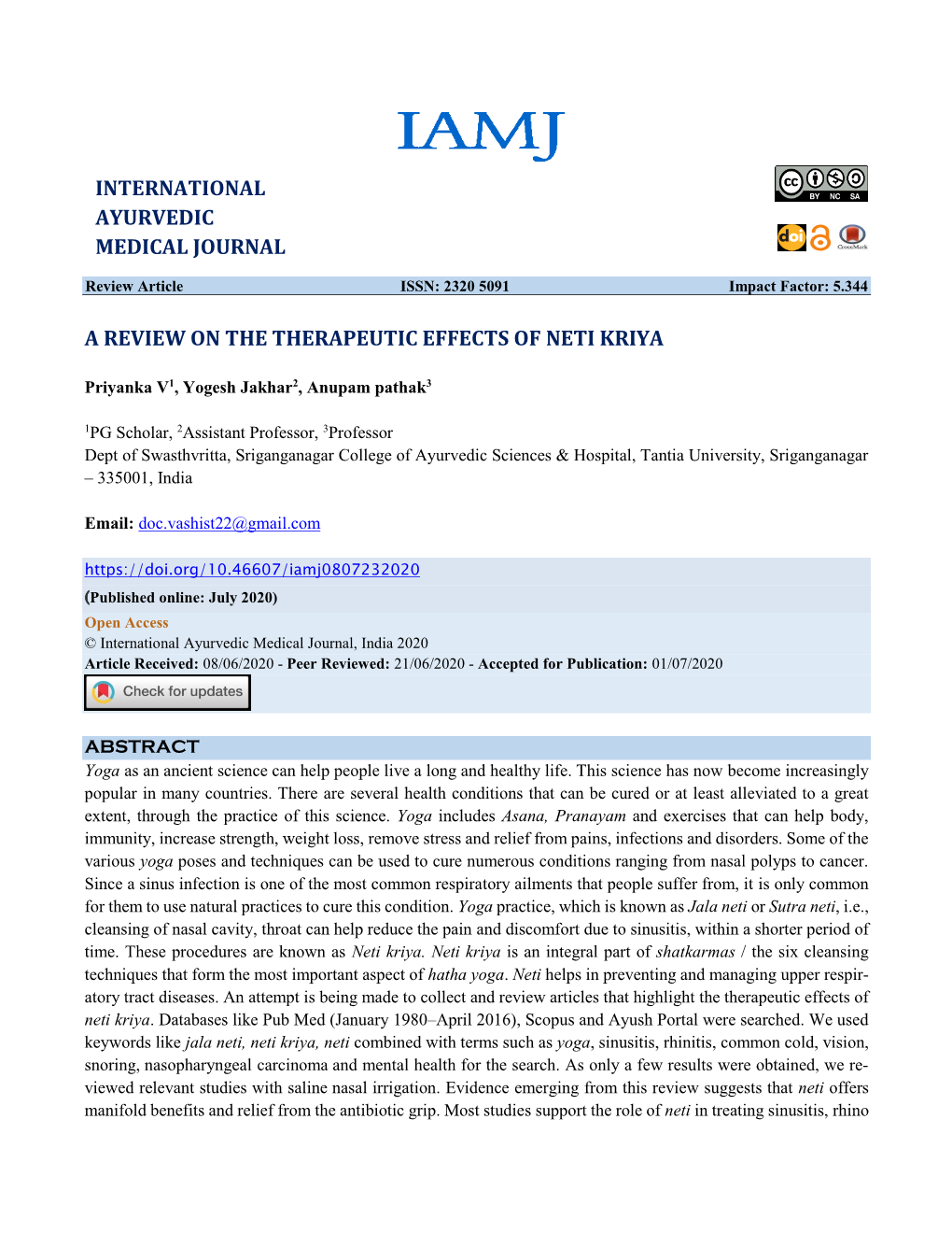 Priyanka V Et Al: a Review on the Therapeutic Effects of Neti Kriya Sinusitis, and Allergic Conditions and in Improving Vision