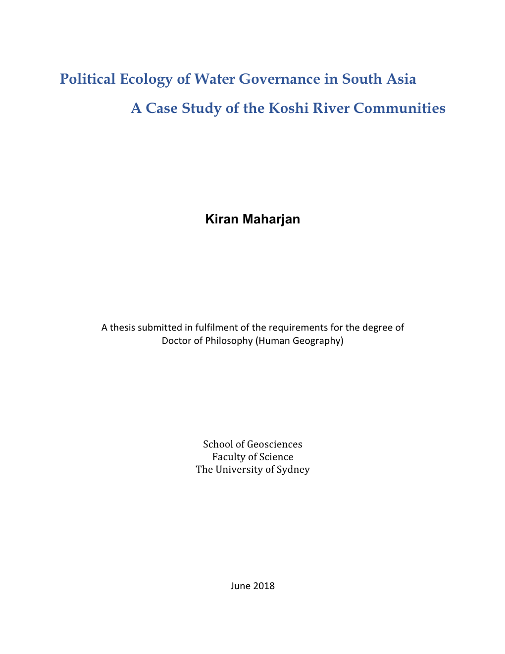 Political Ecology of Water Governance in South Asia a Case Study of the Koshi River Communities