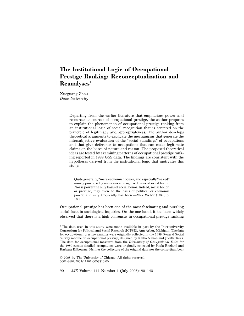 The Institutional Logic of Occupational Prestige Ranking: Reconceptualization and Reanalyses1