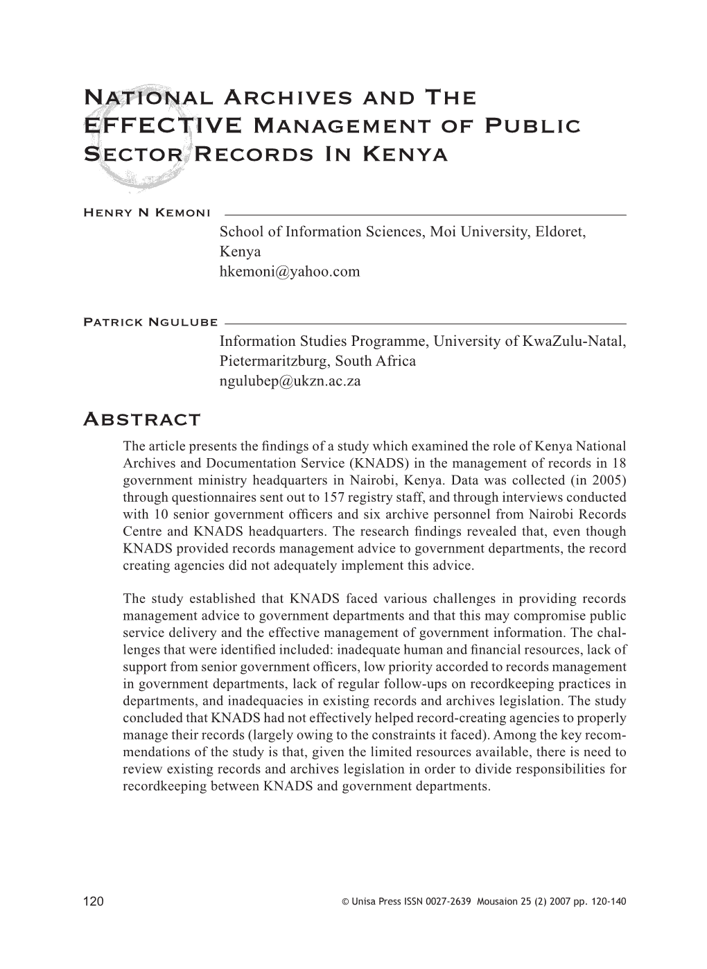 National Archives and the EFFECTIVE Management of Public Sector Records in Kenya