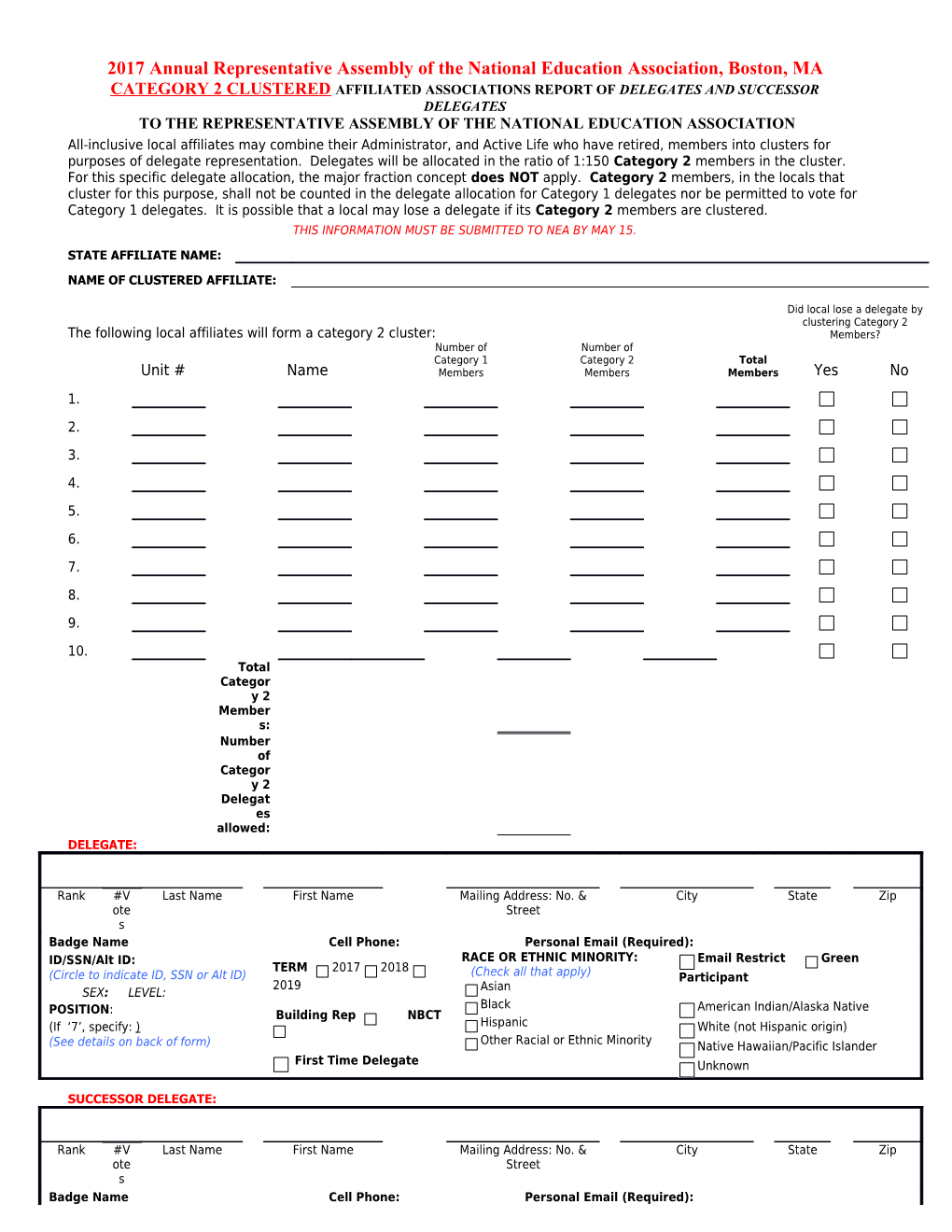 Clustered Affiliated Associations Report of Delegates and Successor Delegates