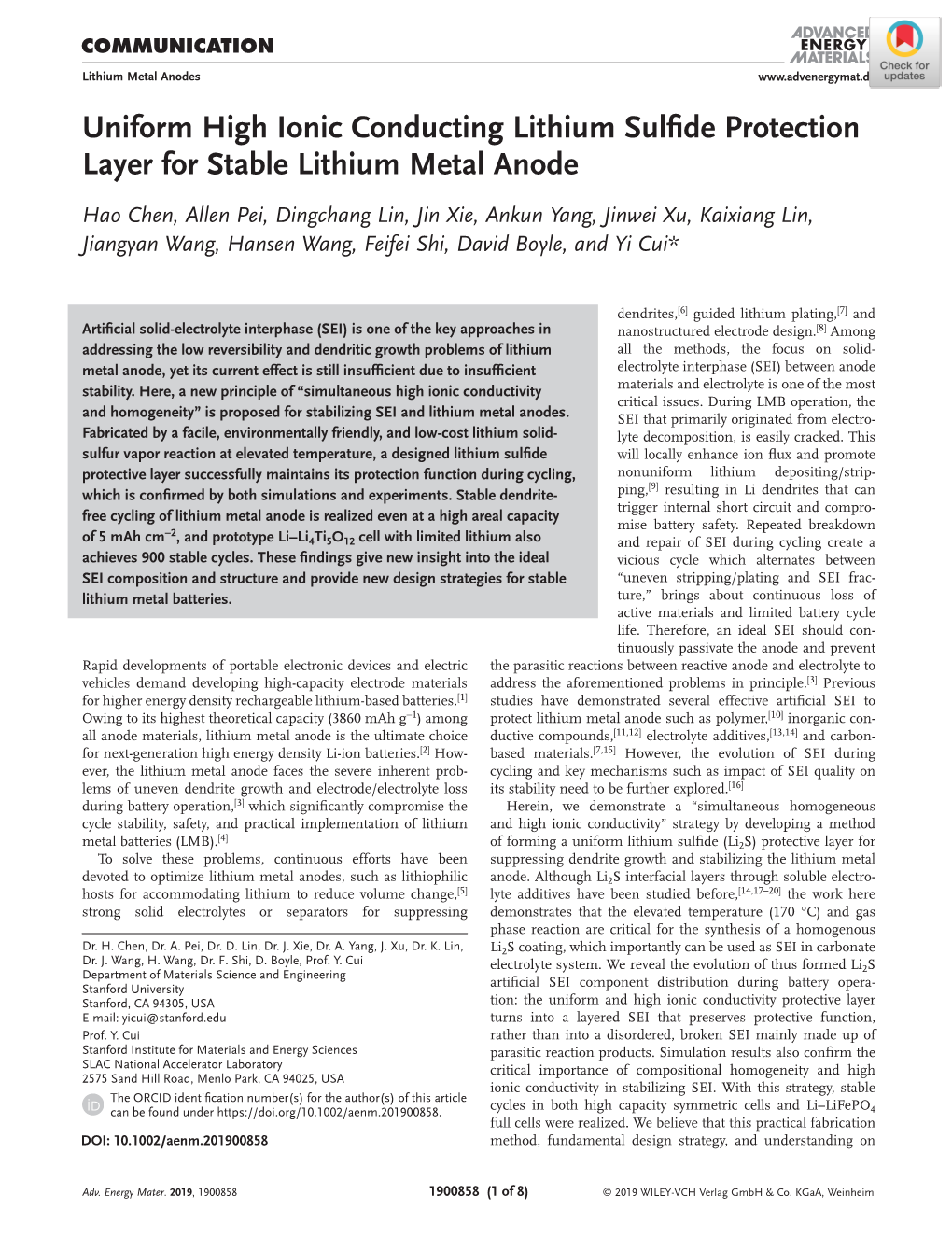 Uniform High Ionic Conducting Lithium Sulfide Protection Layer for Stable Lithium Metal Anode