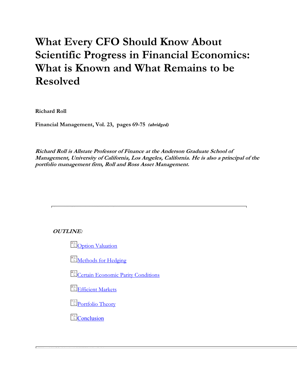 What Every CFO Should Know About Scientific Progress in Financial Economics: What Is Known and What Remains to Be Resolved