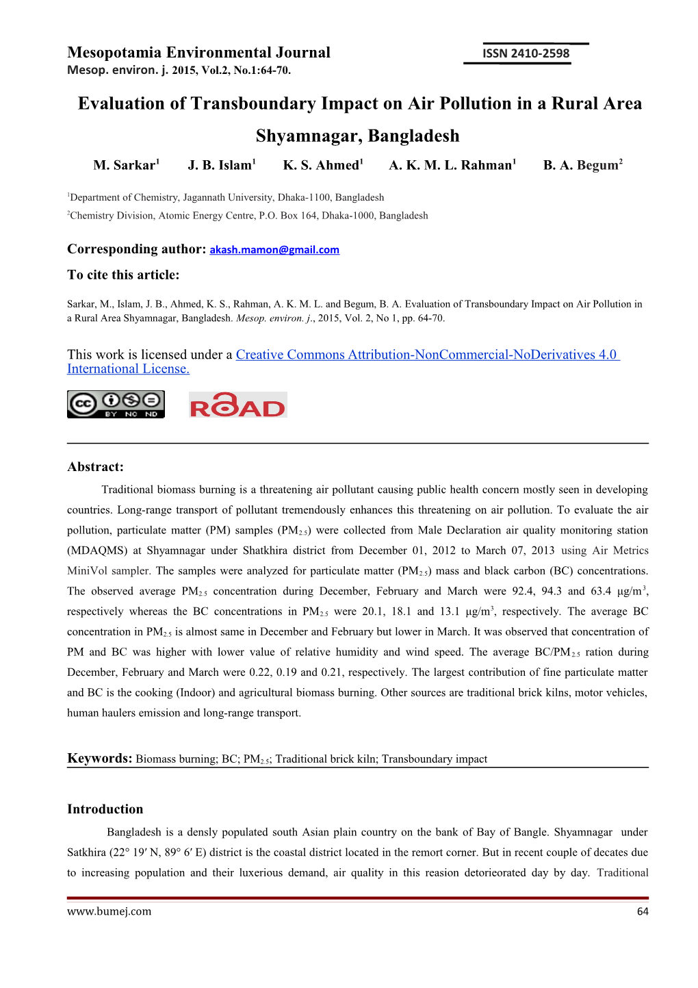 Evaluation of Transboundary Impact on Air Pollution in a Rural Area Shyamnagar, Bangladesh