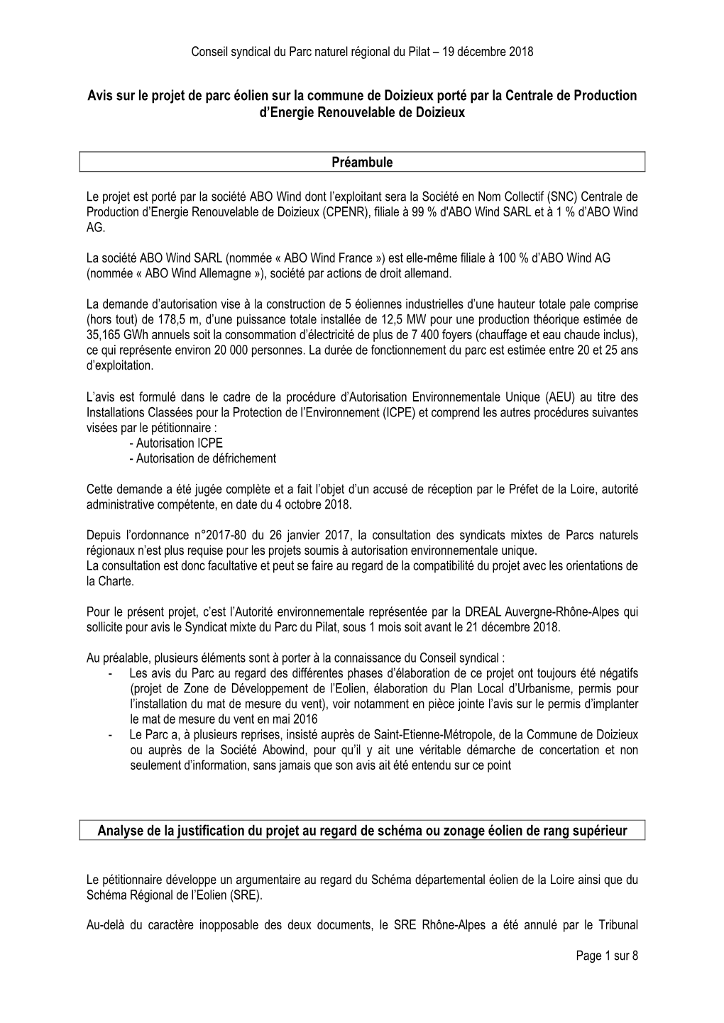 Avis Sur Le Projet De Parc Éolien Sur La Commune De Doizieux Porté Par La Centrale De Production D’Energie Renouvelable De Doizieux