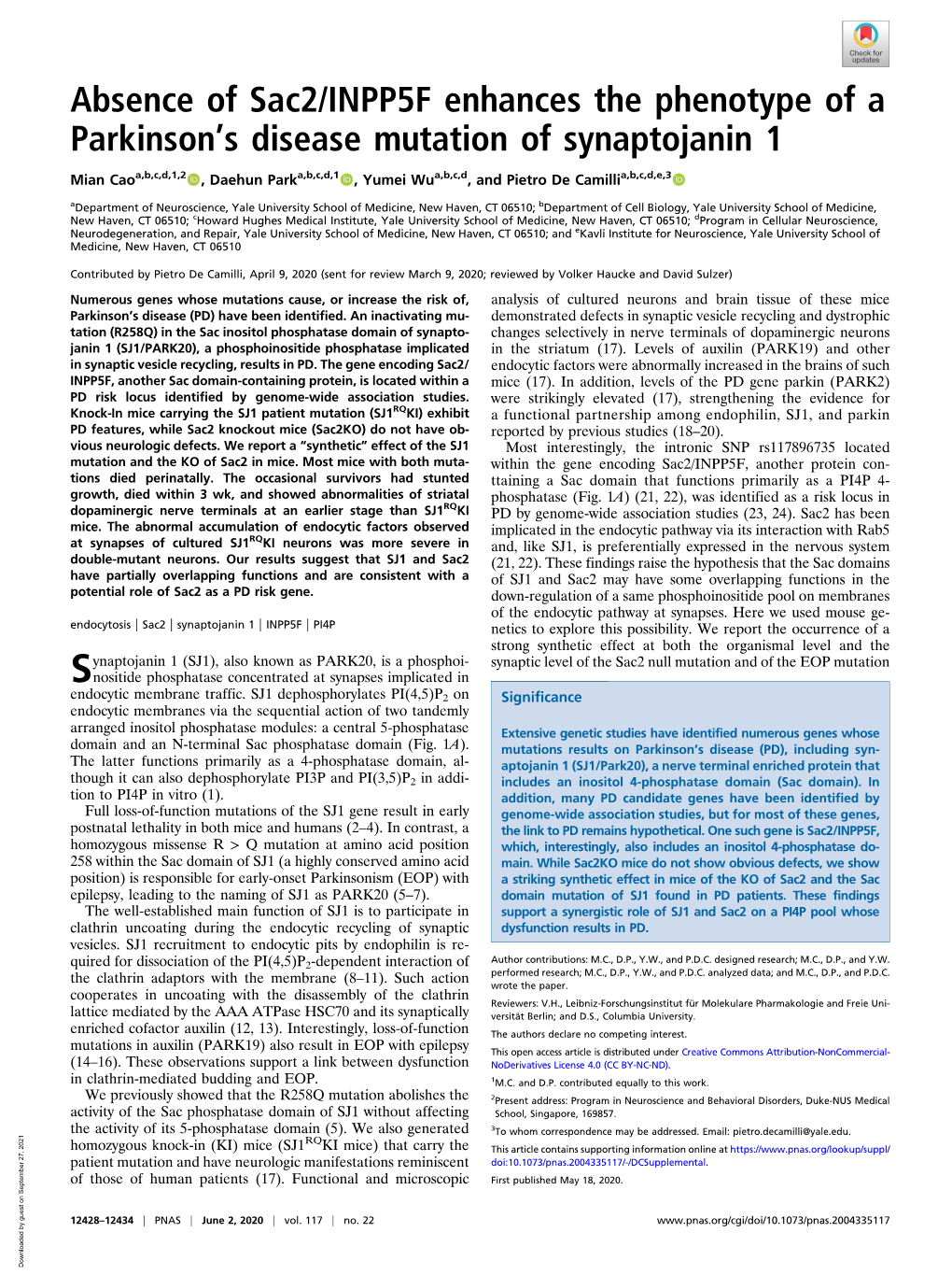 Absence of Sac2/INPP5F Enhances the Phenotype of a Parkinson's