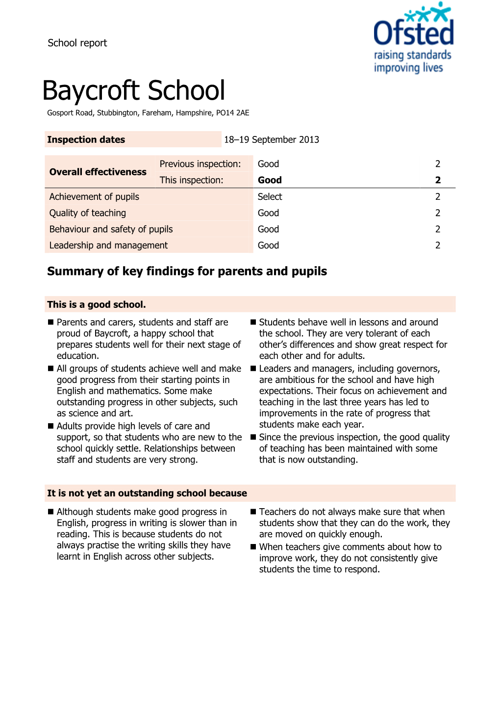 Baycroft School Gosport Road, Stubbington, Fareham, Hampshire, PO14 2AE