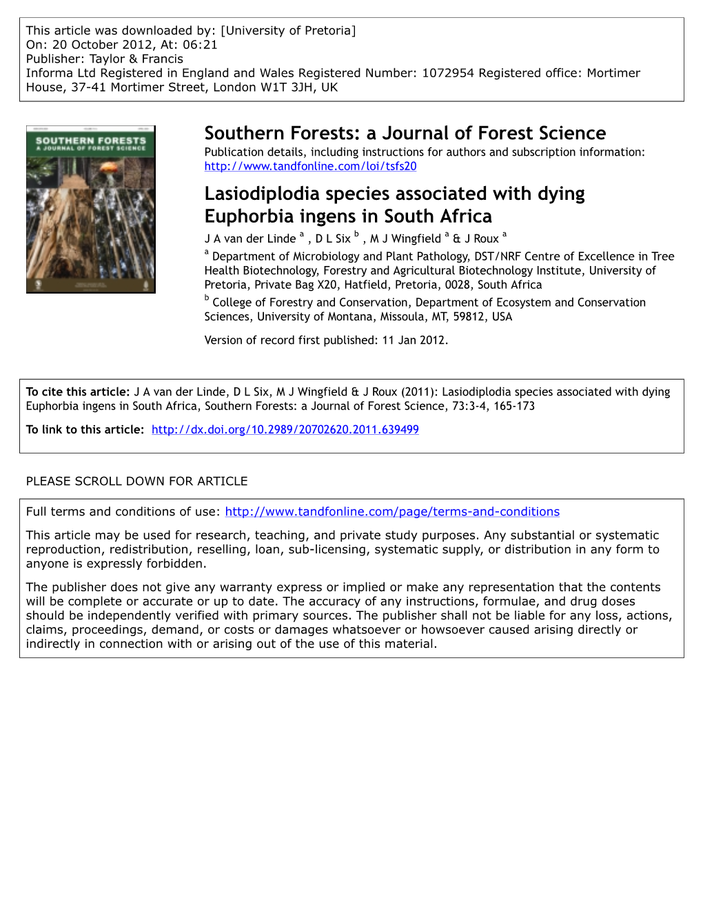 Lasiodiplodia Species Associated with Dying Euphorbia Ingens in South