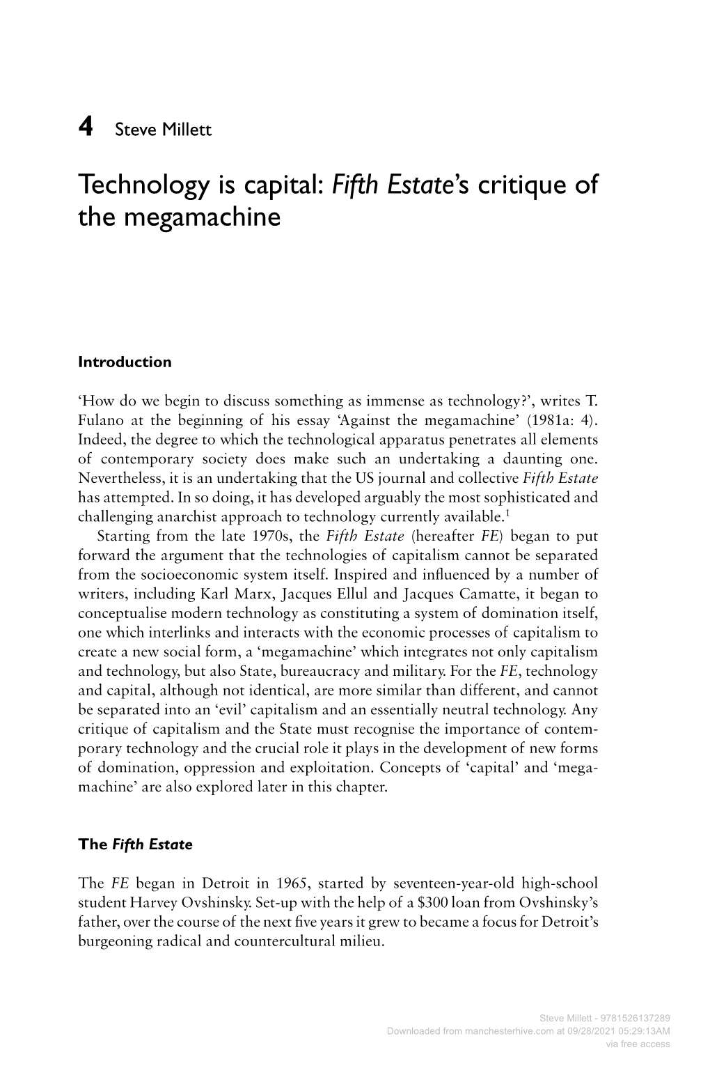 Technology Is Capital: Fifth Estate's Critique of the Megamachine