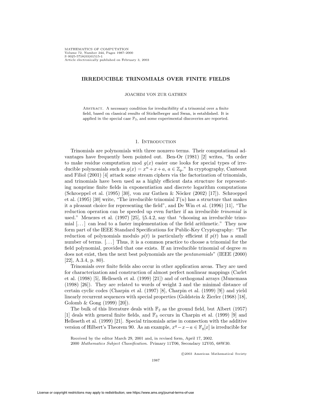 Irreducible Trinomials Over Finite Fields