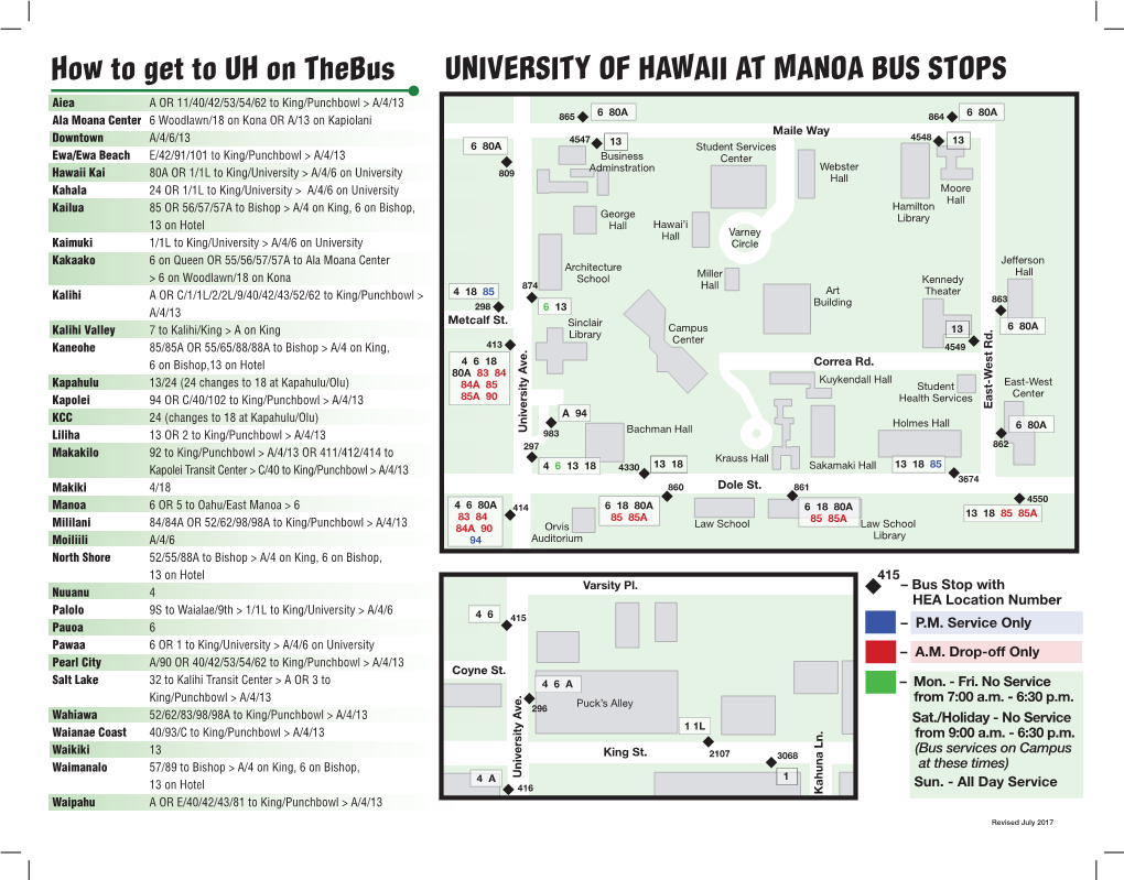 How to Get to UH on Thebus UNIVERSITY of HAWAII at MANOA BUS STOPS