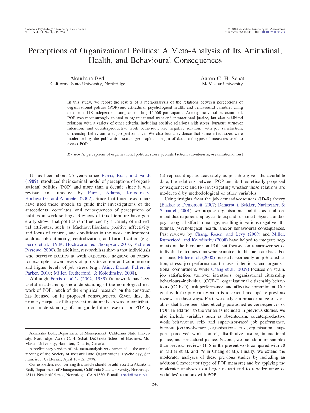 Perceptions of Organizational Politics: a Meta-Analysis of Its Attitudinal, Health, and Behavioural Consequences