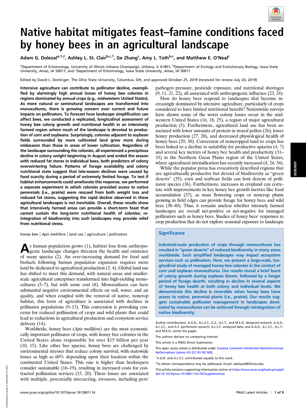 Native Habitat Mitigates Feast–Famine Conditions Faced by Honey Bees in an Agricultural Landscape