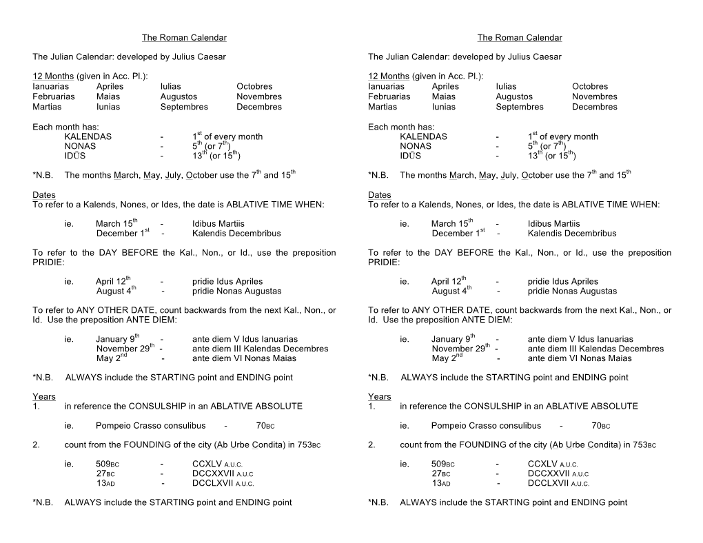 The Roman Calendar the Roman Calendar